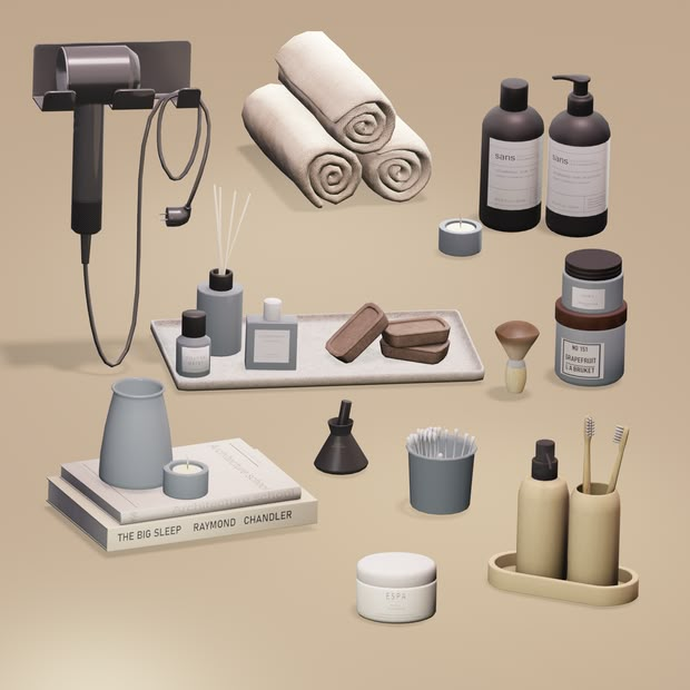 an assortment of bathroom items displayed on a table