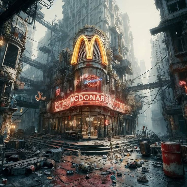 a mcdonald's restaurant in the middle of a city with lots of debris on the ground