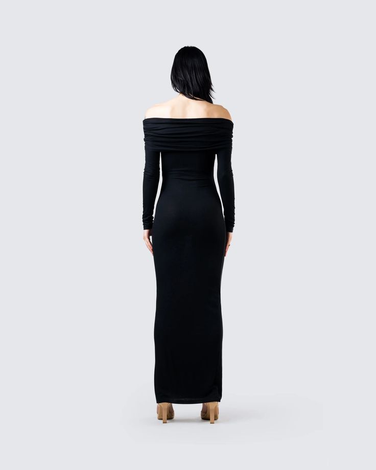 Kyan Black Off Shoulder Maxi Dress Fitted Off-shoulder Maxi Dress For Fall, Fitted Maxi Off Shoulder Dress For Date Night, Fall Off-shoulder Fitted Maxi Dress, Fall Off-shoulder Evening Maxi Dress, Fall Evening Off-shoulder Maxi Dress, Fall Off-shoulder Maxi Dress For Evening, Black Off-shoulder Maxi Dress For Fall, Off-shoulder Black Maxi Dress For Fall, Off-shoulder Fitted Maxi Dress For Night Out