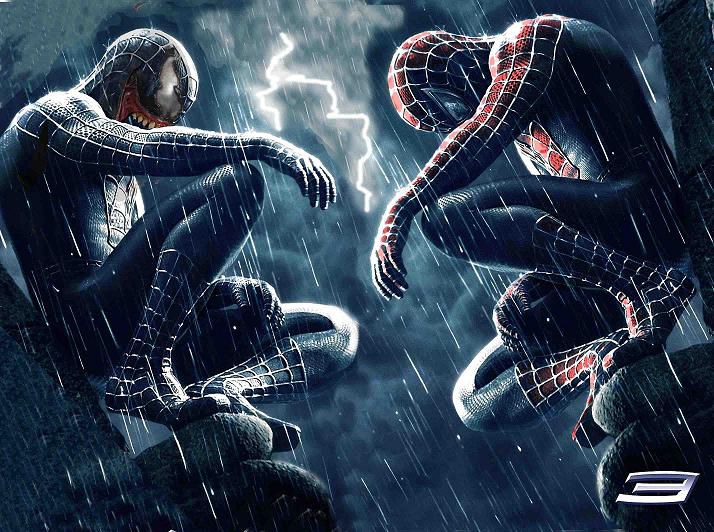 the amazing spider - man and his friend are in the rain, with lightning behind them