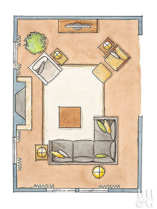 a drawing of a living room with furniture