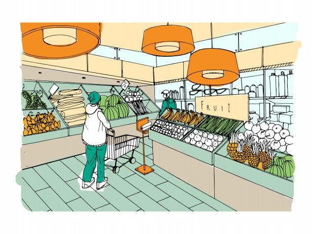 an illustration of a grocery store with people shopping in the aisles and on the shelves