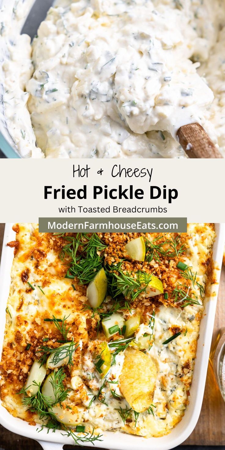 The perfect fried pickle dip! This creamy, tangy dip is super easy to make and loaded with delicious dill pickles. Baked in the oven with lots of melty cheese and garnished with buttery toasted breadcrumbs. It's a definite crowd-pleaser and steals the show every time. Cheesy Baked Dill Pickle Dip, Baked Dill Pickle Dip, Hot Dill Pickle Dip, Warm Dill Pickle Dip, Fried Dill Pickle Dip, Healthy Dips And Appetizers, Sunday Appetizers, Pickle Cream Cheese, Hosting Appetizers