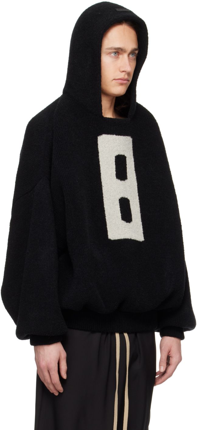 Rib knit virgin wool- and nylon-blend bouclé hoodie. · Leather logo patch at hood · Jacquard logo at chest · Dropped shoulders Supplier color: Black Black Wool Sweatshirt With Ribbed Cuffs, Black Logo Sweater For Fall, Black Hoodie With Logo Patch For Fall, Black Sweater With Logo For Streetwear, Black Logo Sweater For Streetwear, Black Logo Outerwear For Fall, Black Wool Sweater For Streetwear, Black Hoodie With Logo Detail For Winter, Modern Black Wool Sweater