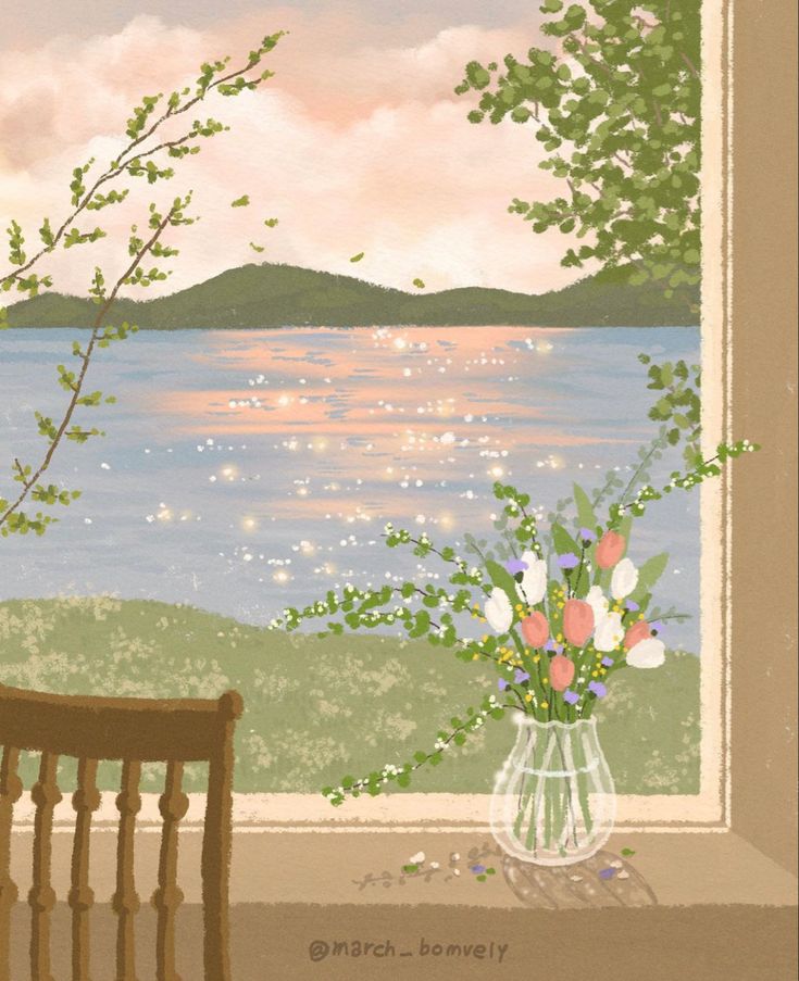 a painting of flowers in a vase on a window sill next to a chair