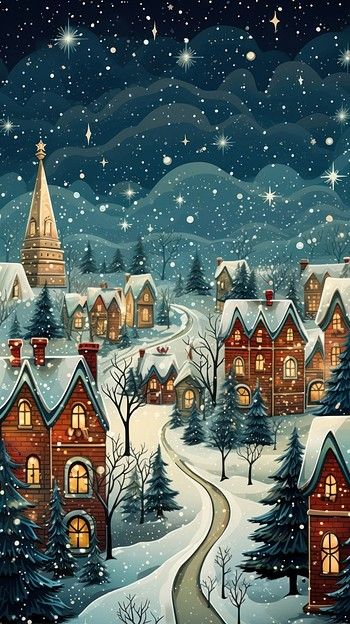 a painting of a snowy village at night