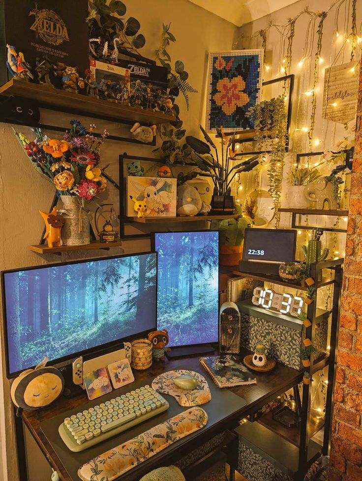 two computer monitors sitting on top of a desk