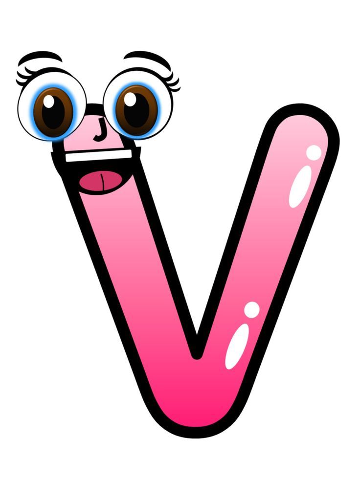 the letter v has eyes and is pink