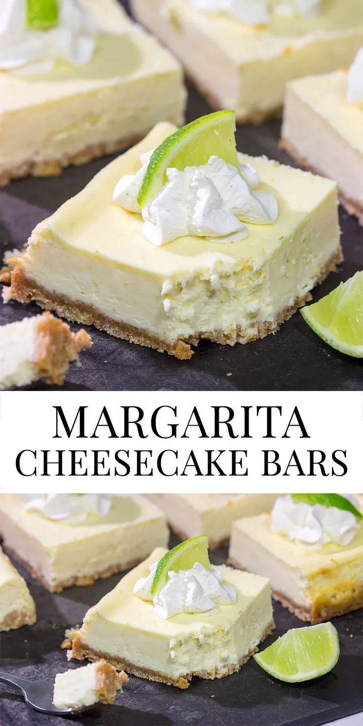 margarita cheesecake bars with limes and whipped cream