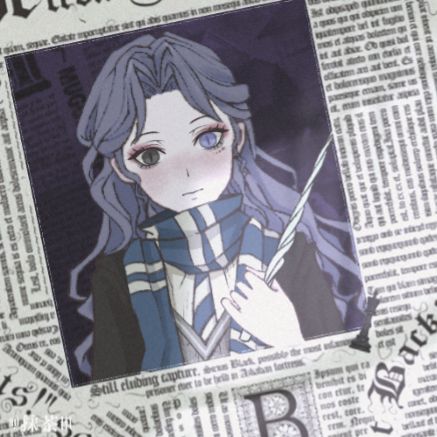 an anime character with long hair and blue eyes is holding a knife in front of a newspaper