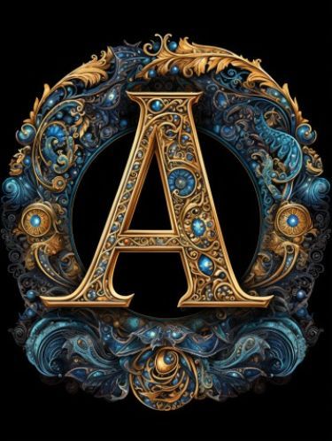 the letter a is made up of ornate gold and blue metal elements, with an intricate design