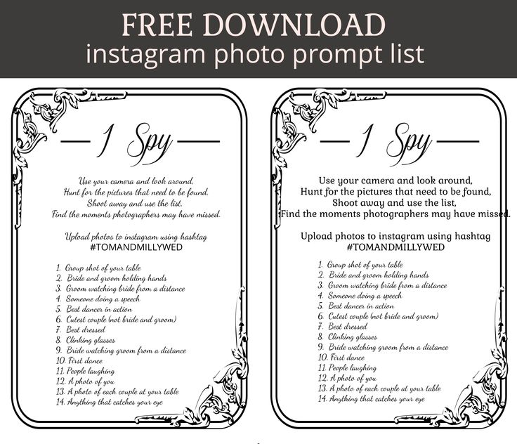 the free printable instagram photo prop list for wedding guests to use on their menus