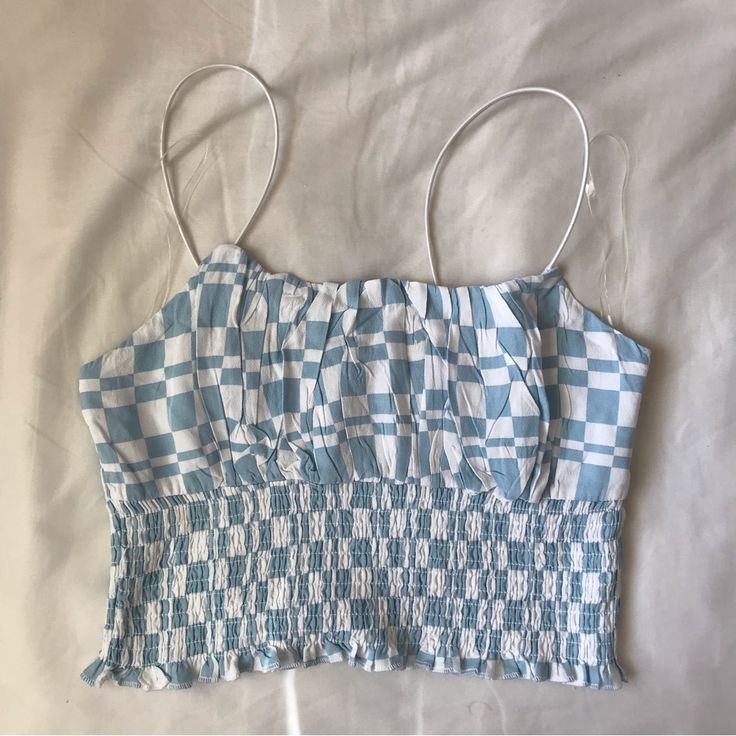 Pacsun Blue And White Checkered Crop Top Brand New Without Tags Size: M Summer Cotton Smocked Top With Smocked Back, Cotton Smocked Top With Smocked Back For Summer, Cotton Smocked Ruffle Top For Beach, Beach Smocked Cotton Top With Ruffles, Beach Smocked Top With Ruffles In Cotton, Fitted Blue Tops For Picnic, Casual Blue Top With Smocked Back, Trendy Blue Smocked Top For Vacation, Blue Smock Top For Vacation