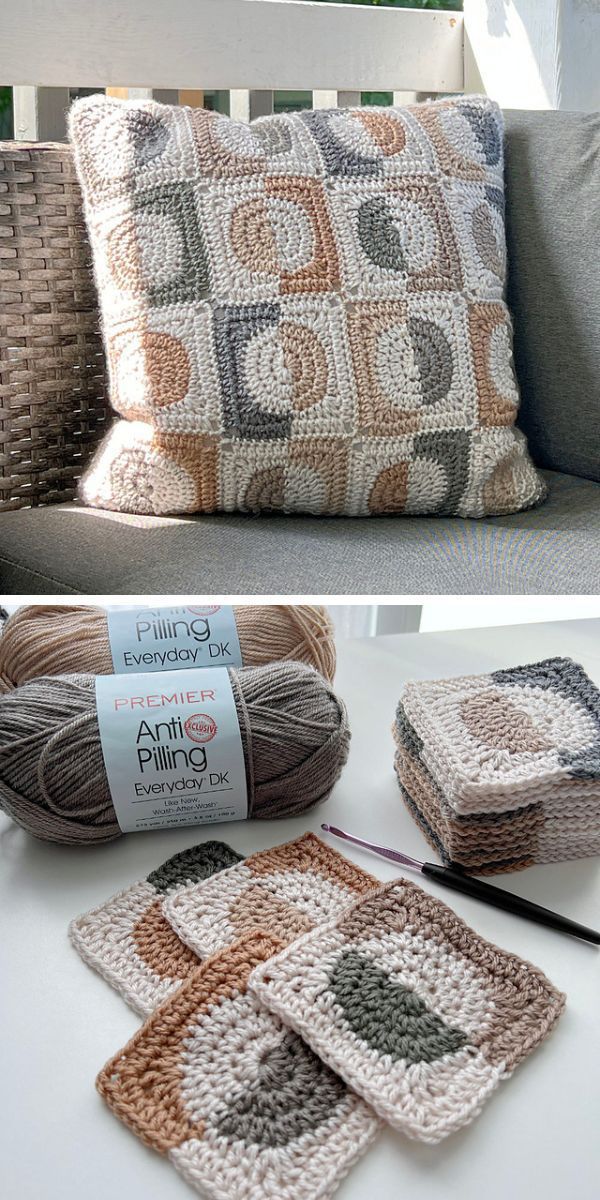 crocheted pillows and coasters on a couch with yarn in them, along with a knitting kit