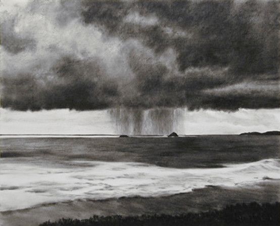 black and white drawing of storm clouds over the ocean