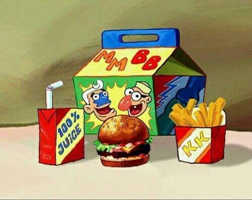 an animated image of a hamburger, fries and a box of macaroni and cheese