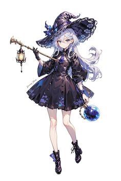 a drawing of a woman in a witch costume with a broom and hat holding a blue ball