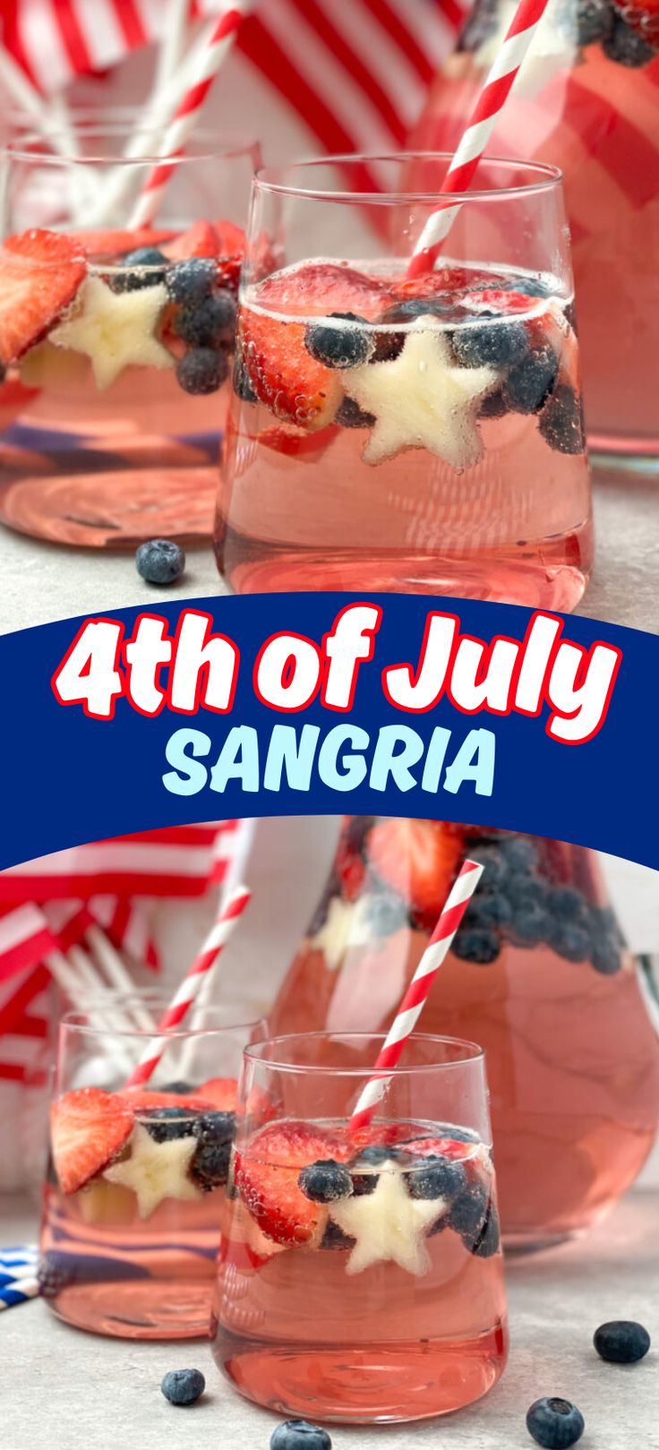 the fourth of july sangria is served in glasses with strawberries and blueberries