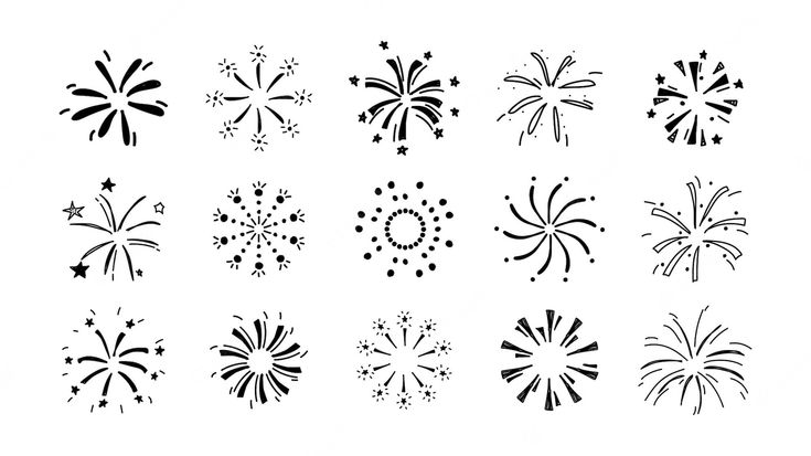 the different types of fireworks are drawn in black ink on a white paper with stars and circles