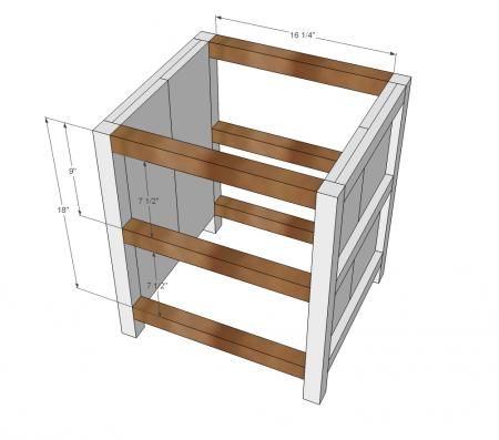 the bottom section of a wooden cabinet with measurements for the top and bottom drawers on each side