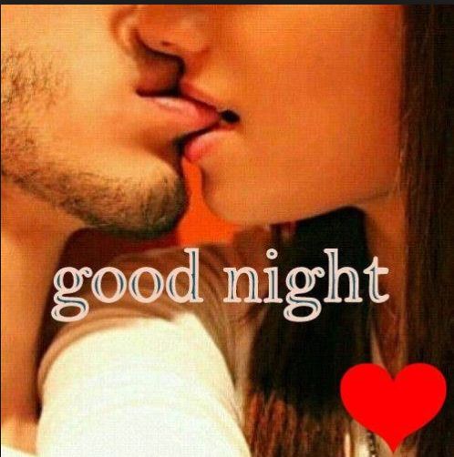 a man kissing a woman with the words good night on it's side and a red heart