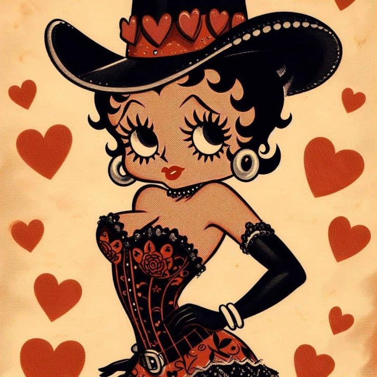 a drawing of a woman in a hat and dress with hearts on the back ground