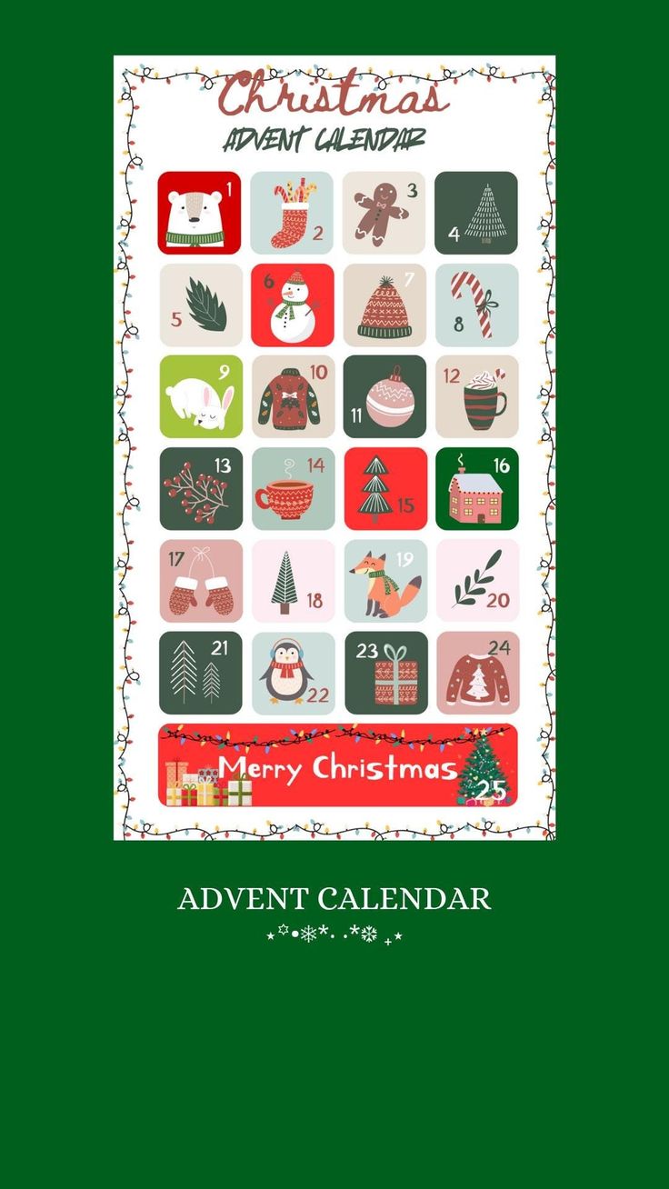 the christmas calendar is shown in red, green and white