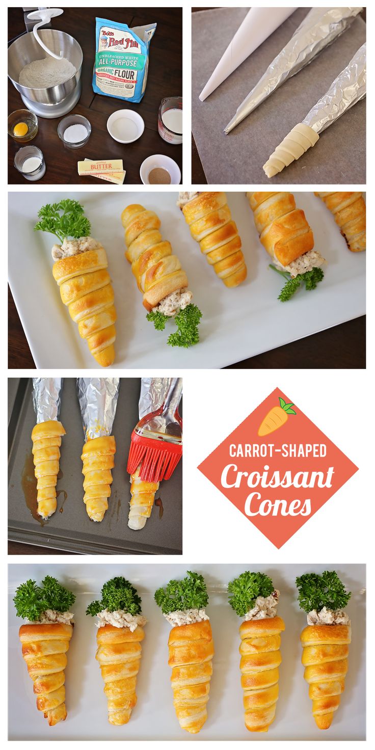 the process of making croissant cones with cheese and lettuce on them