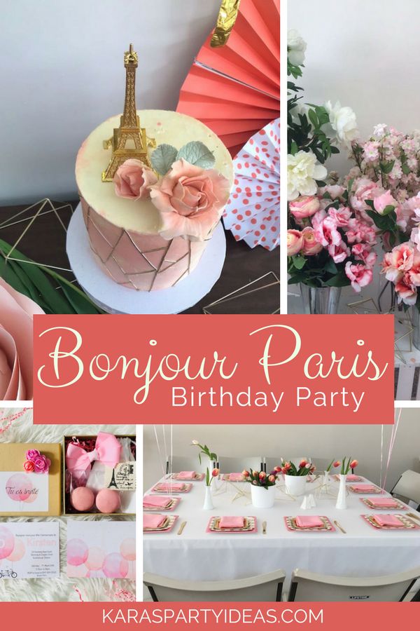 a collage of photos with pink and white flowers in the background, paris themed birthday party