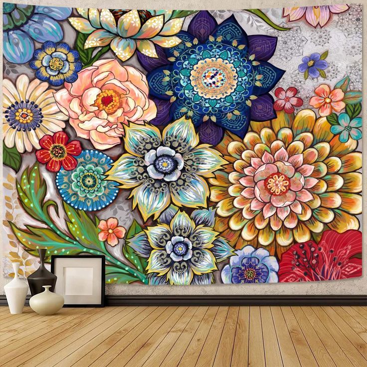 an artistic painting on the wall with colorful flowers and leaves in it's center