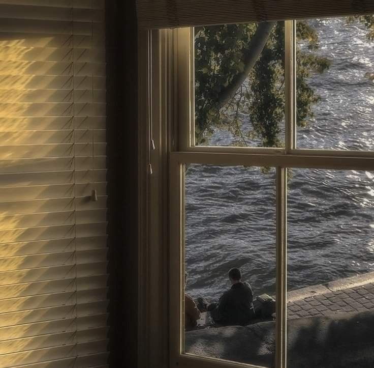 a person sitting in front of a window looking out at the water