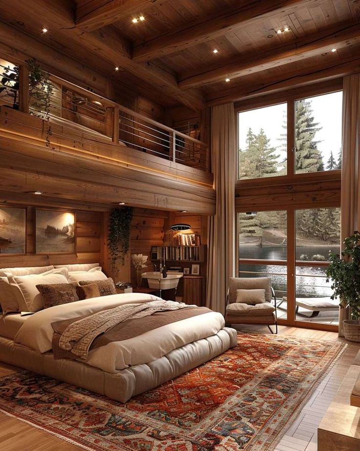 a large bed sitting in the middle of a bedroom next to a wooden wall and floor