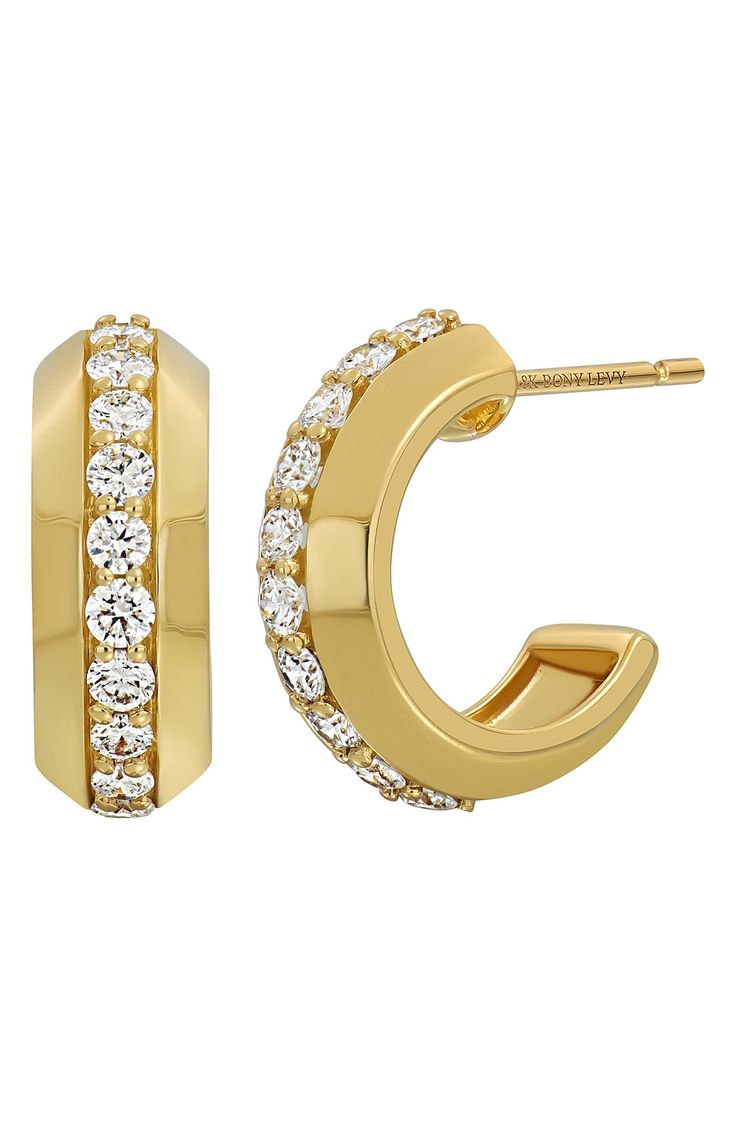 A center row of prong-set diamonds brings stunning sparkle to polished hoop earrings handcrafted from 18-karat yellow gold. 5/8" hoop diameter, 1/4" width Post back Total diamond weight: 0.75ct. Color: G Clarity: VS Handcrafted 18k gold/diamond Imported >Diamond Guide Luxury Small Hoop Earrings With Pave Setting, Luxury Yellow Gold Hoop Earrings With Brilliant Cut, Luxury Yellow Gold Brilliant Cut Hoop Earrings, Luxury Huggie Hoop Earrings With Pave Setting, Luxury Gold Hoop Earrings With Prong Setting, Luxury Diamond Huggie Earrings With Pave Setting, Luxury Yellow Gold Cubic Zirconia Hoop Earrings, Luxury Gold Huggie Earrings With Prong Setting, Luxury Hoop Diamond Earrings With Single Cut