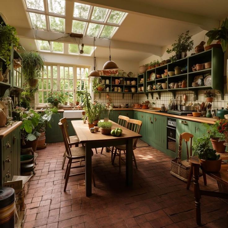 a kitchen filled with lots of potted plants next to a dining room table and chairs