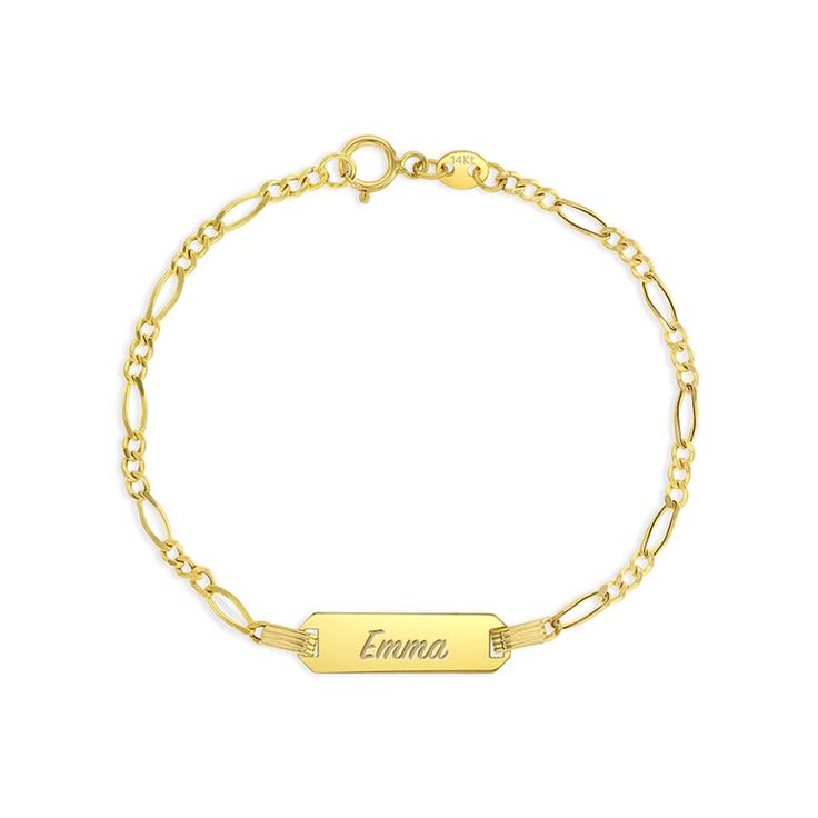 A classic engravable tag id bracelet for baby girls and boys that features an elegant figaro chain. This bracelet is crafted from genuine 14k yellow gold, a material that is safe for your baby with sensitive skin. This classic bracelet makes for a beautiful gift for a baby or toddlers special birthday. Gift box included with purchase. Classic Personalized 14k Gold Chain Bracelet, Classic 14k Gold Personalized Chain Bracelet, Engravable Nameplate Bracelet In Yellow Gold, Yellow Gold Nameplate Bracelet With Engraving Option, Classic Engraved Gold Bracelet For Personalized Gift, Classic Nameplate Chain Bracelet, Personalized Yellow Gold Rectangular Name Bracelet, Personalized Rectangular Yellow Gold Name Bracelet, Yellow Gold Nameplate Bracelet With Name Detail