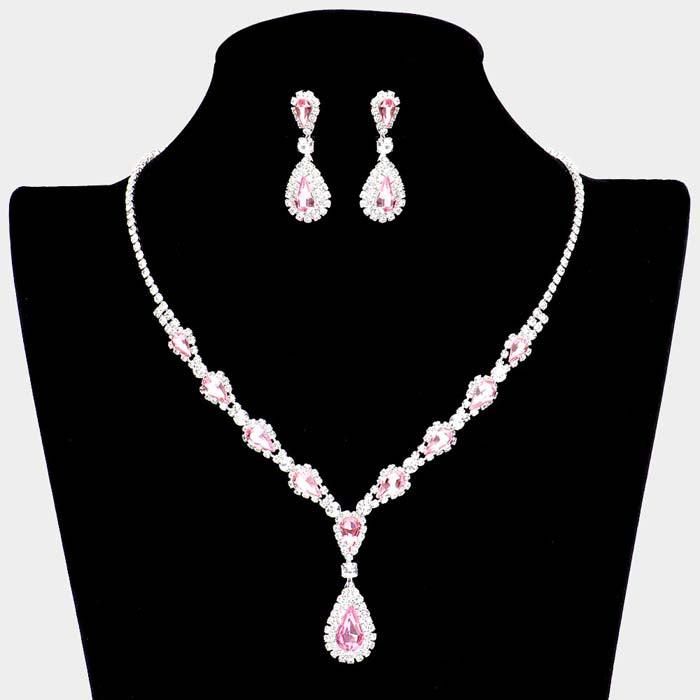 Pink Teardrop Stone Accented Rhinestone Silver Necklace Set Pink Necklace Png, Purple Necklace Aesthetic, Pink Necklace Aesthetic, Pink Necklace Jewelry, Pink Necklace Set, Necklace Png, Pink Glitter Dress, Aesthetic Beads, Necklace Korean