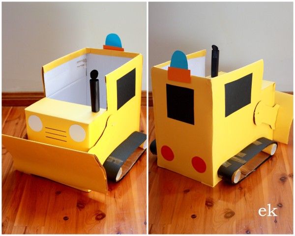 two pictures of a yellow construction vehicle made out of cardboard boxes on a wooden floor