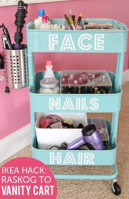 an image of a three tiered cart with hair products on it and the words free standing kitchen cabinets