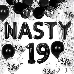 black and white party balloons with the words nasty199 written in front of them