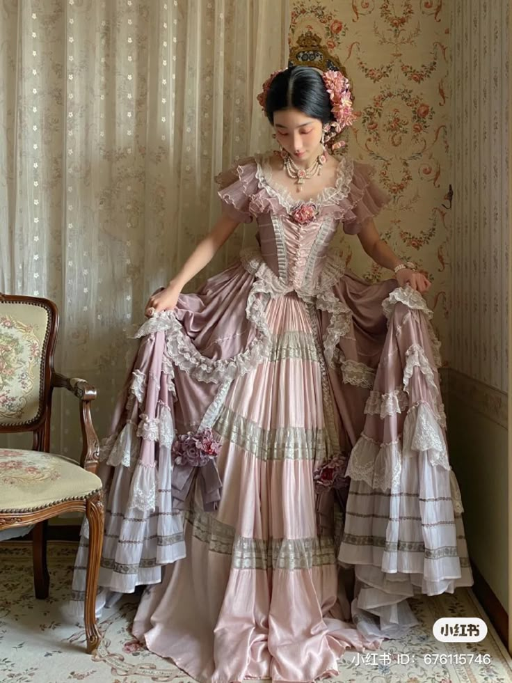 Pink Royal Outfits, Ballgown Reference, 18000s Dress, Ballgown Victorian, Victorian Style Ball Gowns, Tea Party Gown, Pink Victorian Outfit, Poses For Ball Gown, 1800s Royal Fashion