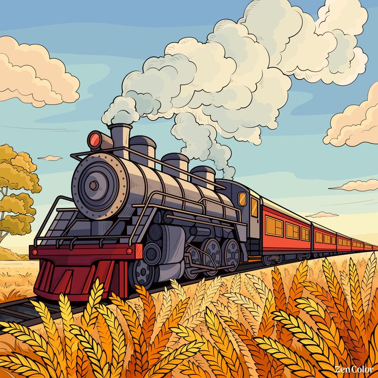 a train traveling through a rural countryside under a cloudy sky