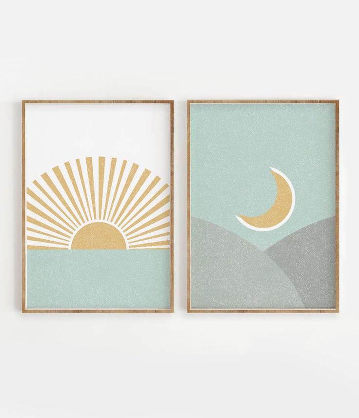 two framed pictures with the sun and moon on them