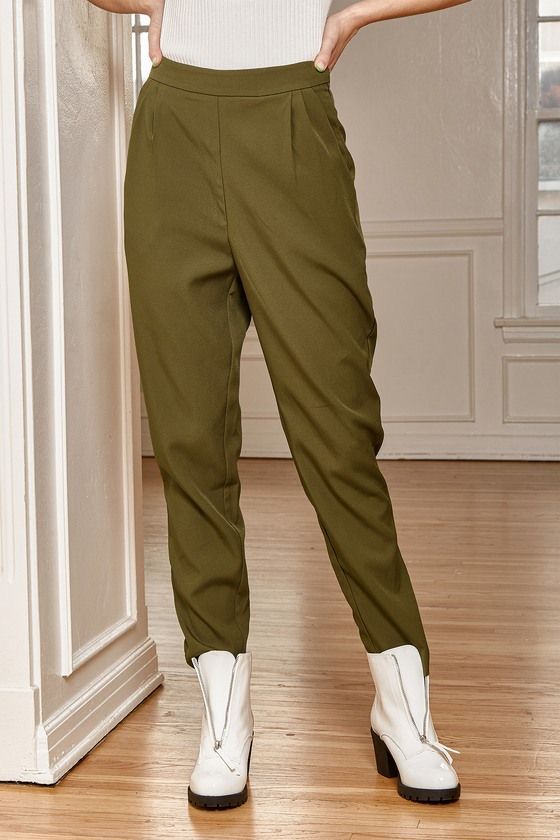 Lulus Exclusive! Your workday will go so smoothly with a cup of coffee and the Lulus Like Clockwork Olive Green Trouser Pants! These office-chic pants are composed of woven fabric that shapes a high banded waist with two diagonal pockets and pleated accents for a tailored look. Relaxed pants legs end at tapered, ankle-length hems. Hidden side zipper/clasp. Fit: This garment fits true to size. Length: Ankle length. Size small measures 28.5" from waist to hem. Waist: Fitted - very fitted at natura Trendy Paperbag Waist Bottoms For Work, Workwear Paperbag Waist Bottoms With Elastic, Workwear Paperbag Waist Bottoms With Elastic Waistband, Paperbag Waist Pants With Belt Loops For Work, Paperbag Waist Bottoms With Elastic Waistband, High Waist Khaki Bottoms For Office, Khaki Bottoms With Elastic Waistband For Work, Workwear Khaki Bottoms With Elastic Waistband, High-waist Khaki Bottoms For Office