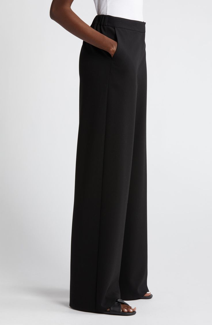 Refresh your work wardrobe with streamlined, full-length wide-leg pants made from stretch-woven fabric for comfort wherever the day takes you. Zip fly with hook-and-bar closure Side-seam pockets 62% polyester, 33% viscose, 5% spandex Dry clean Imported Tailored Wide Leg Career Pants, Versatile Straight Leg Formal Dress Pants, Elastane Wide Leg Pants For Work, Versatile Straight Leg Dress Pants For Formal Occasions, Straight Leg Dress Pants For Formal Occasions, Versatile Formal Dress Pants, Modern Wide Leg Pants For Business, Versatile Straight Dress Pants For Formal Occasions, Elegant Wide Leg Career Pants