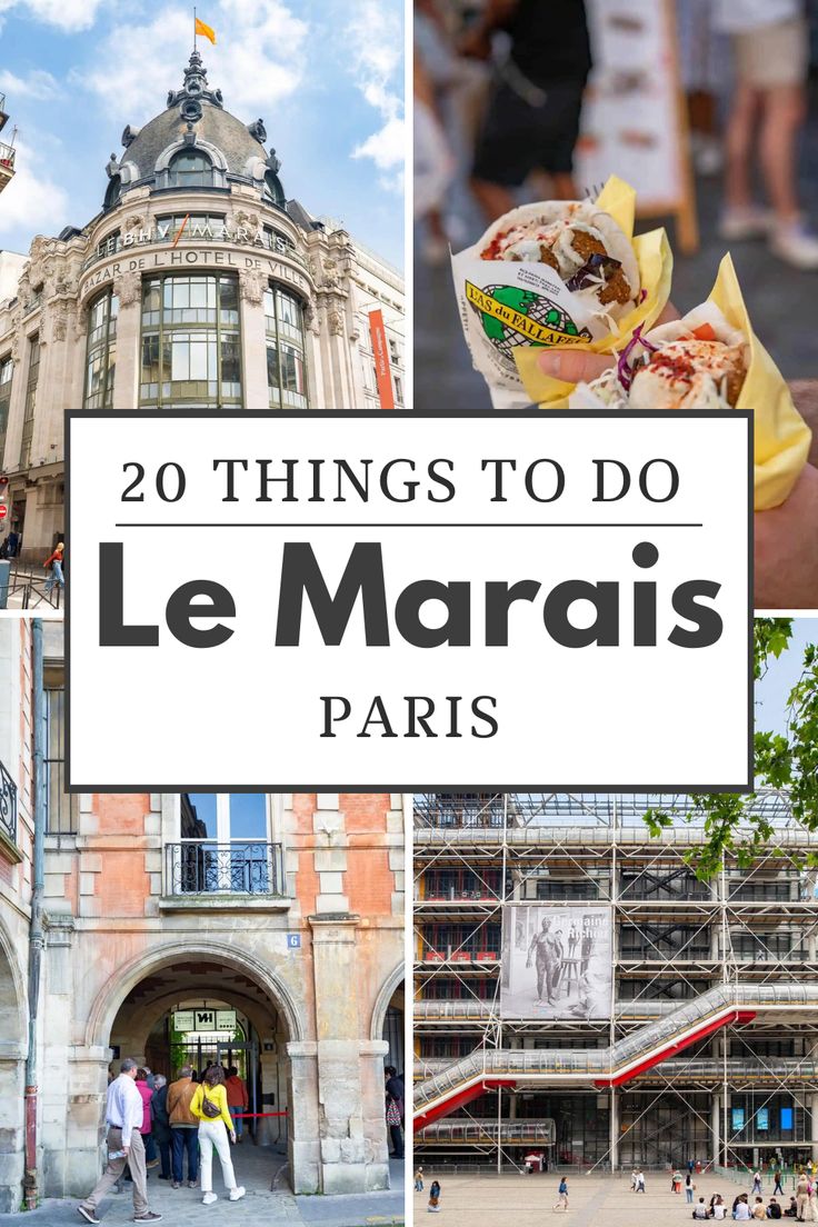 the top 20 things to do in le marais, paris with text overlay