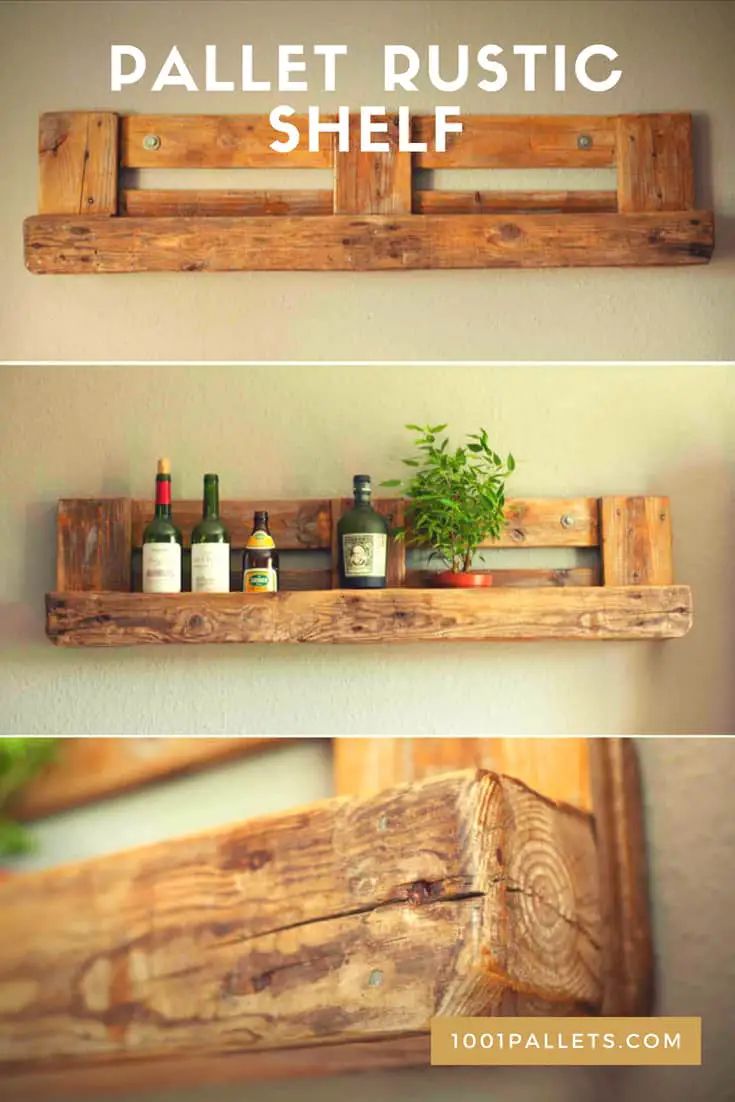 three pictures of wooden shelves with bottles and plants on them, one is made out of pallet wood