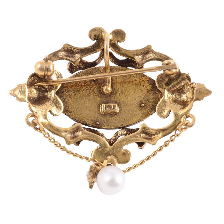 "Estate Art Nouveau style 14K pin. This 14 karat yellow gold pin is created in the Art Nouveau style featuring onyx, a turquoise bead, five seed pearls, and a pearl drop. This Art Nouveau style pin is appraised at $849. Dimensions: 1.5\"H including pearl x 1.5\"W x .45\"D Item #MICO 667" Edwardian Diamond Ring, Solvang Ca, 1 Carat Diamond Ring, Luxury Art Nouveau Hallmarked Brooch, Art Nouveau Yellow Gold Brooch, Collectible Art Nouveau Hallmarked Brooch, Gold Enamel Art Nouveau Brooches, Gold Art Nouveau Brooch For Collectors, Art Deco Diamond Rings