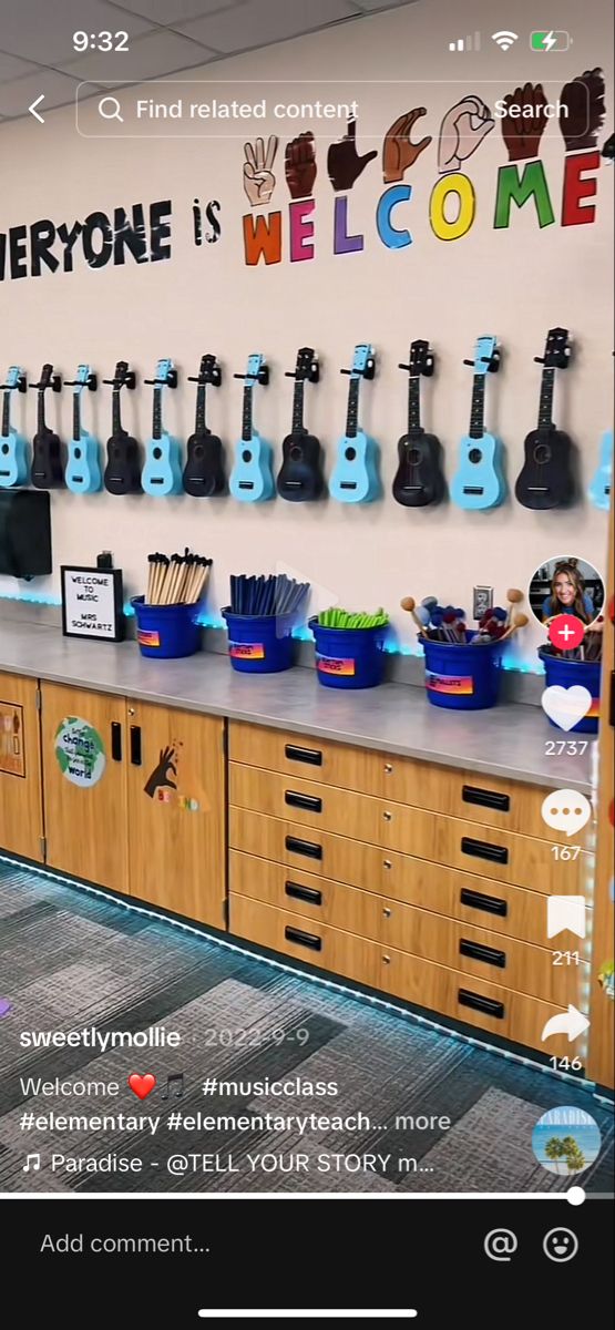 a room filled with lots of musical instruments on top of a counter next to a wall