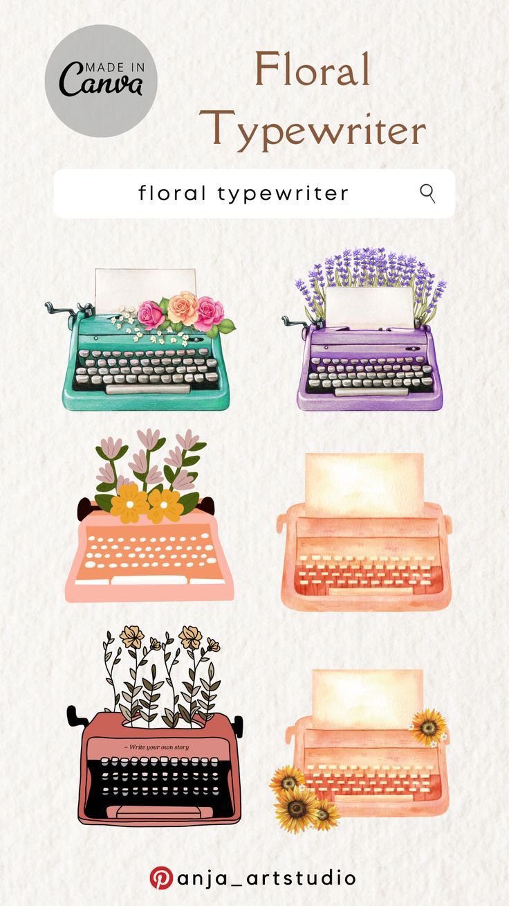 four different typewriters with flowers and plants on them, all in different colors