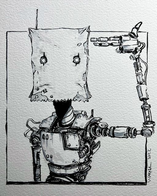 a black and white drawing of a robot with a pillow on it's head